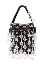 Black velvet potli bag with crystal dangling stones and bead embellishments for wedding and festive wear