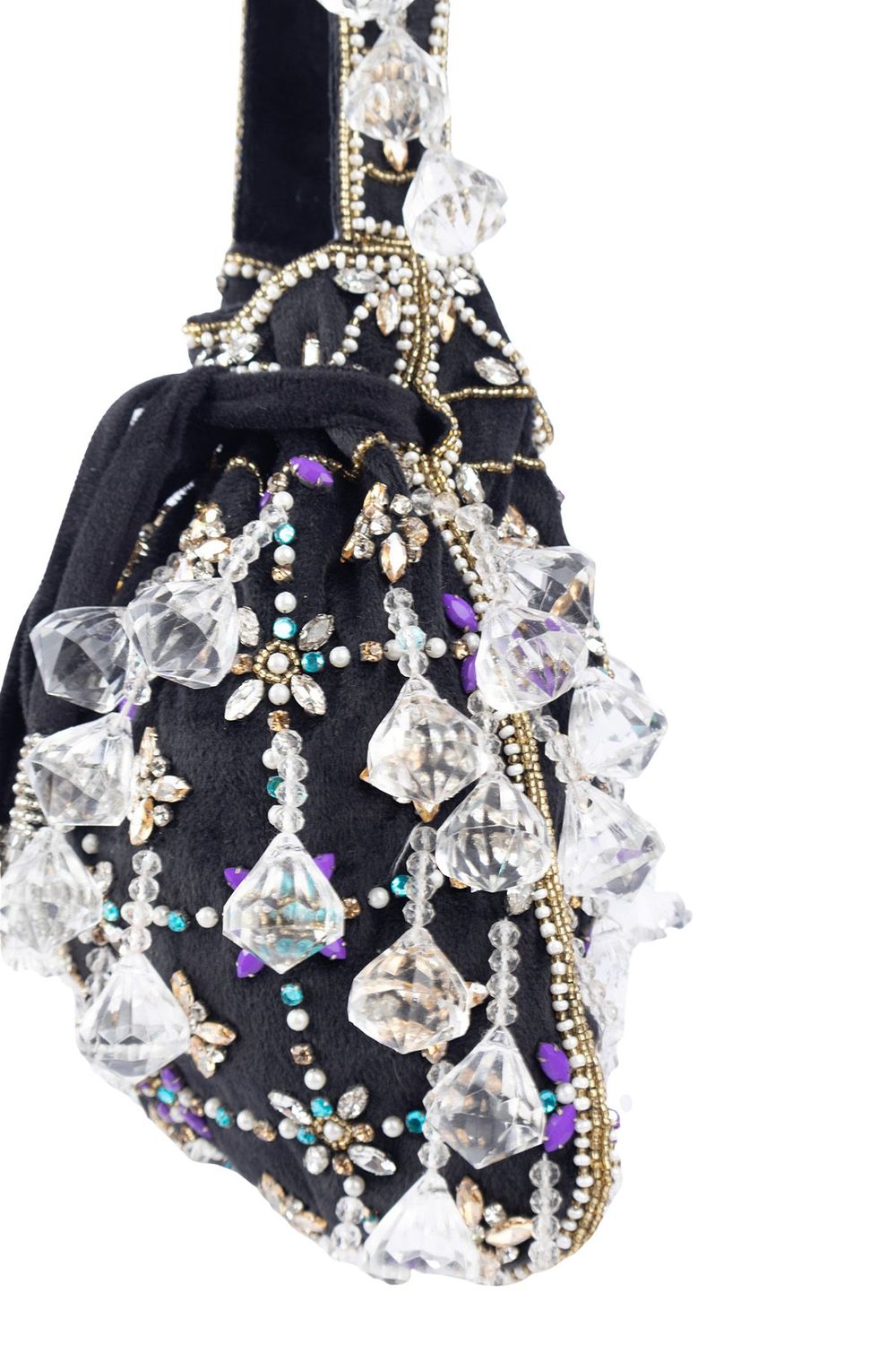 Black velvet potli bag with crystal dangling stones and bead embellishments for wedding and festive wear