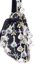 Black velvet potli bag with crystal dangling stones and bead embellishments for wedding and festive wear