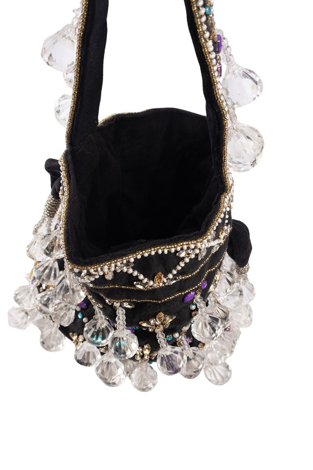 Black velvet potli bag with crystal dangling stones and bead embellishments for wedding and festive wear