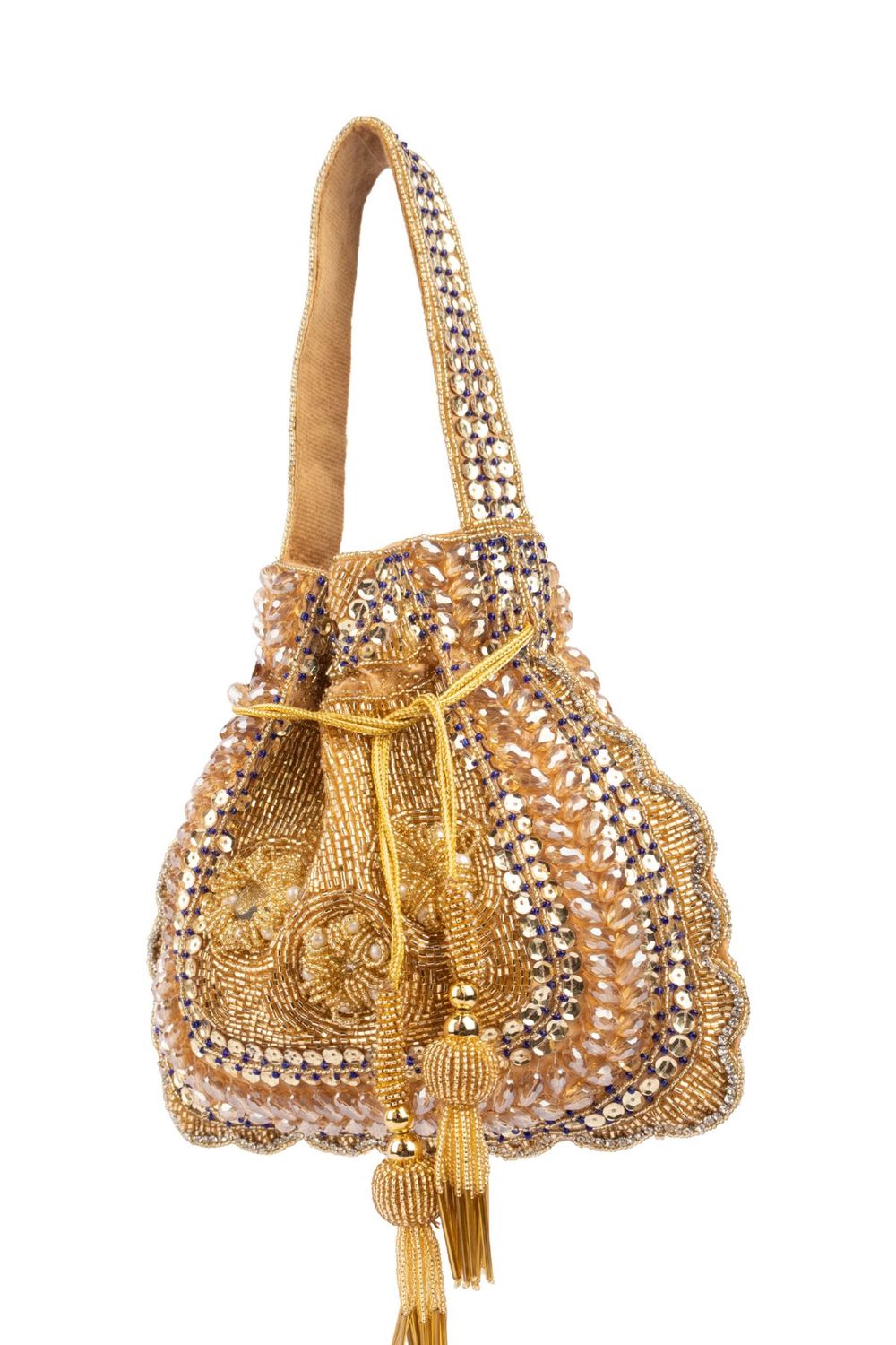 Gold handcrafted potli bag with beadwork and sequin embellishments for wedding and festive wear