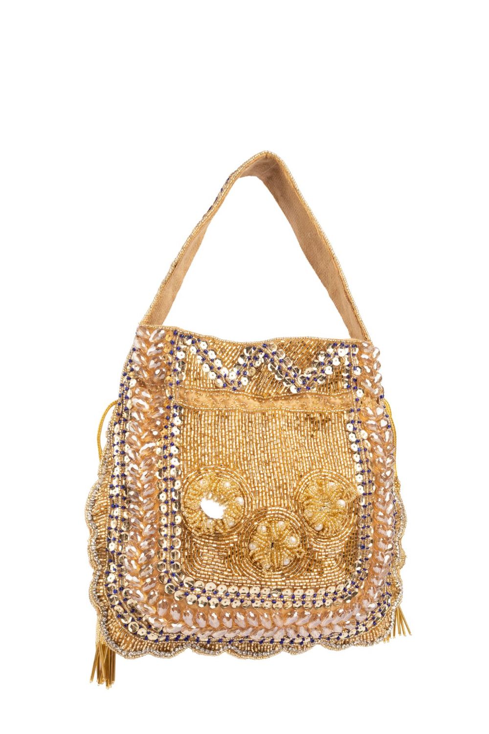 Gold handcrafted potli bag with beadwork and sequin embellishments for wedding and festive wear
