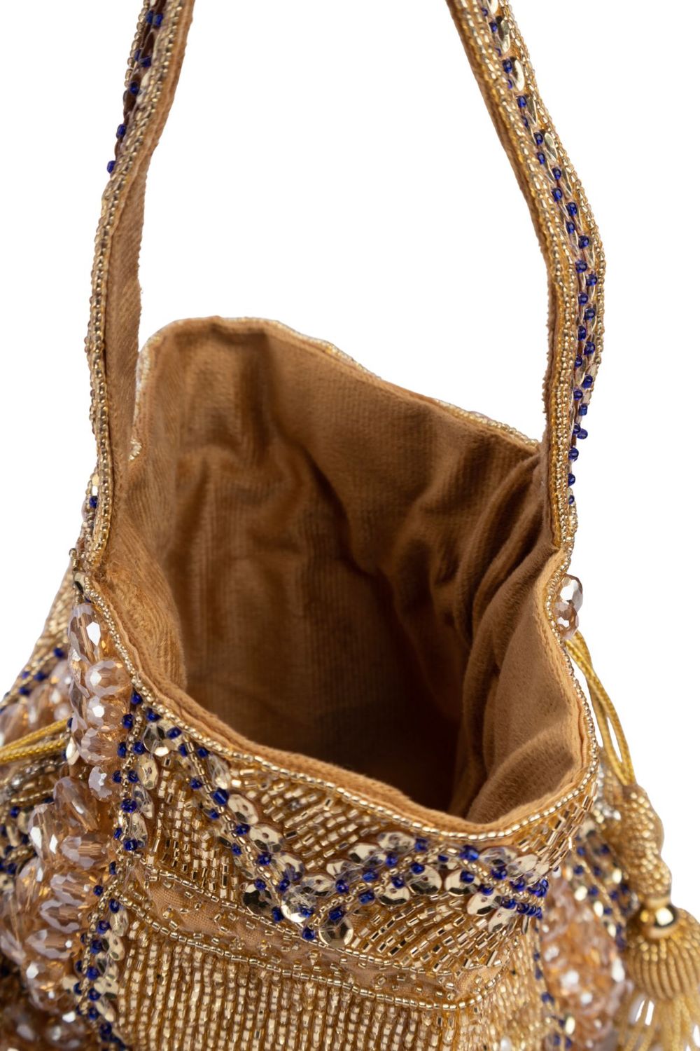 Gold handcrafted potli bag with beadwork and sequin embellishments for wedding and festive wear