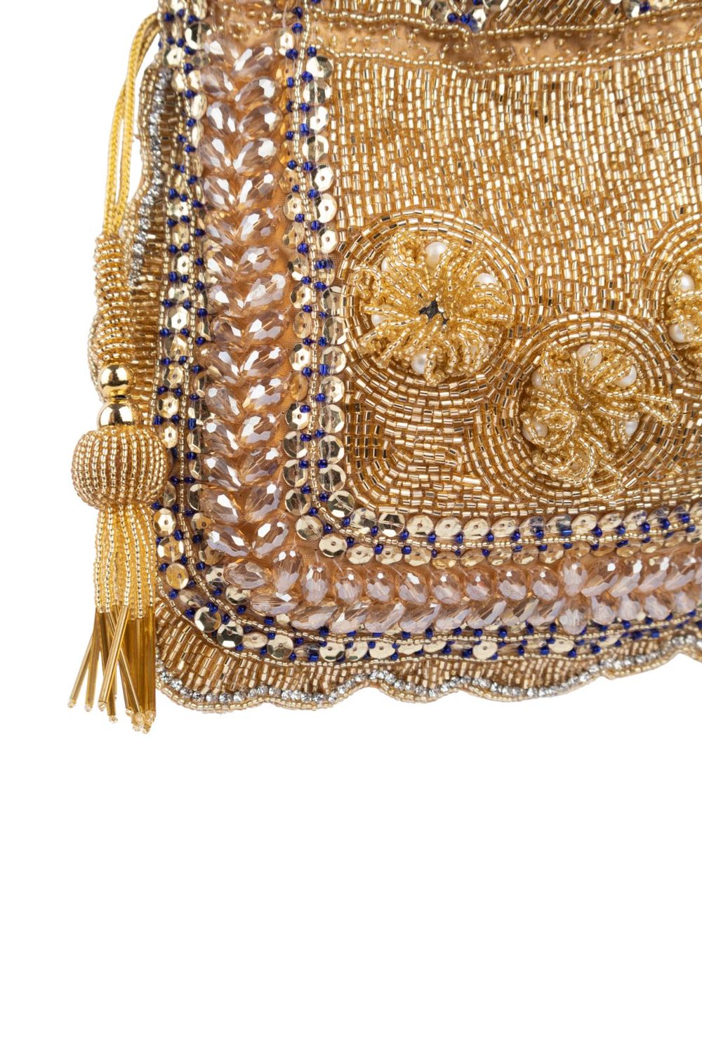 Gold handcrafted potli bag with beadwork and sequin embellishments for wedding and festive wear