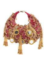 Red beaded floral mirror work clutch bag with handcrafted detailing and suede inner lining for wedding and festive wear