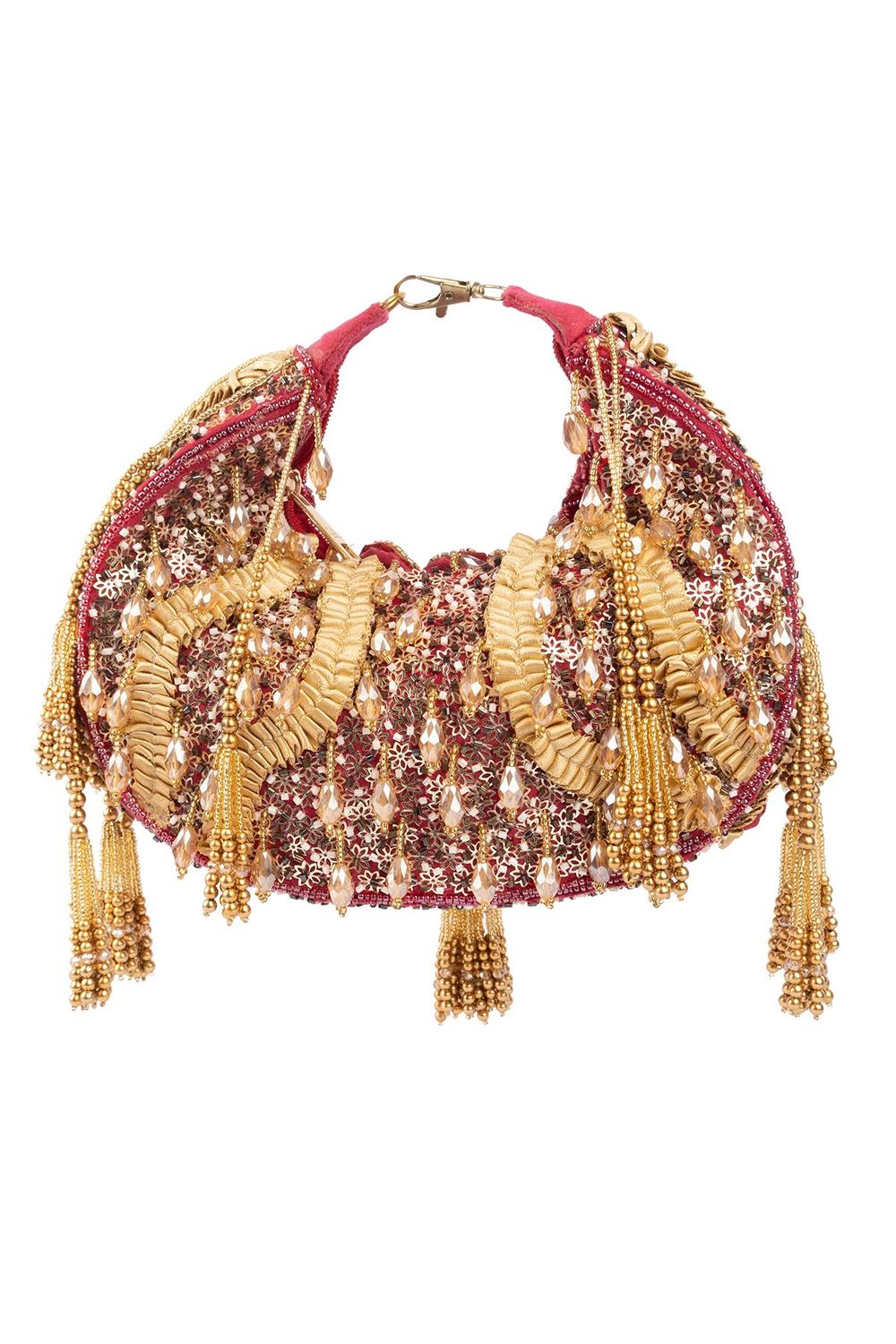 Red beaded floral mirror work clutch bag with handcrafted detailing and suede inner lining for wedding and festive wear