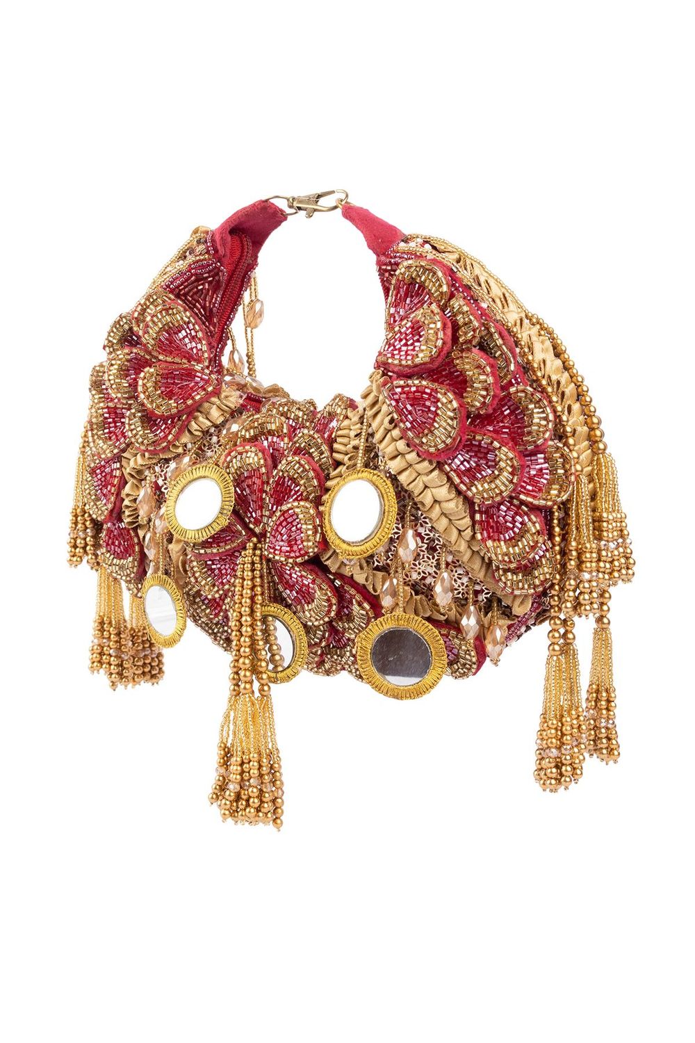 Red beaded floral mirror work clutch bag with handcrafted detailing and suede inner lining for wedding and festive wear