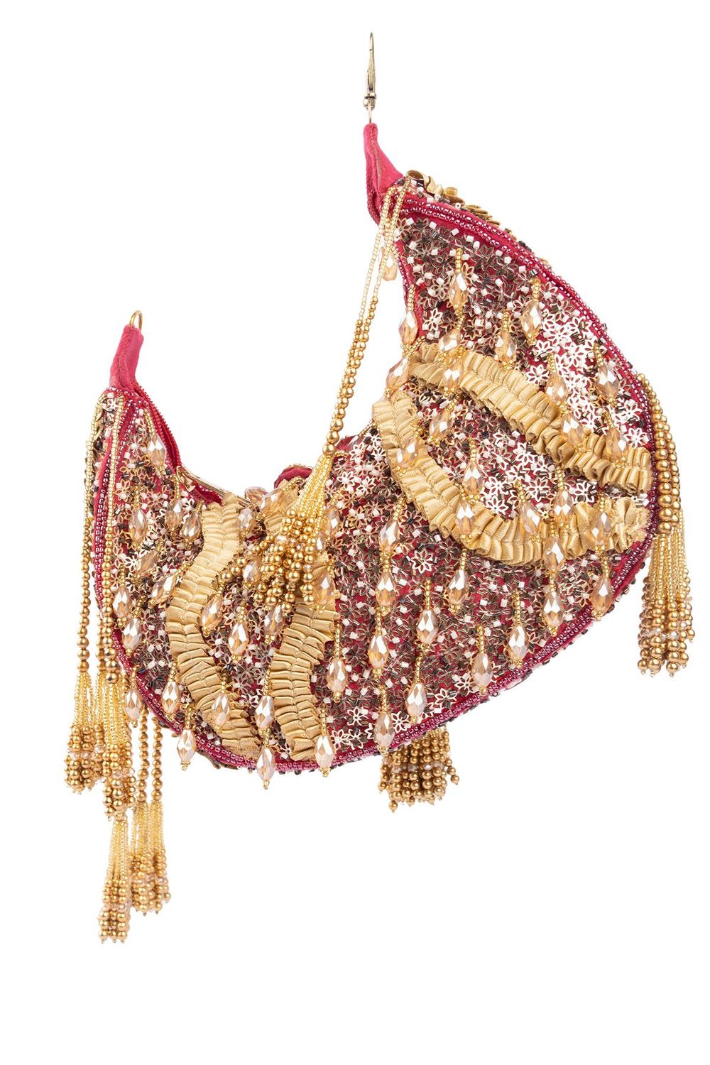 Red beaded floral mirror work clutch bag with handcrafted detailing and suede inner lining for wedding and festive wear