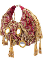 Red beaded floral mirror work clutch bag with handcrafted detailing and suede inner lining for wedding and festive wear