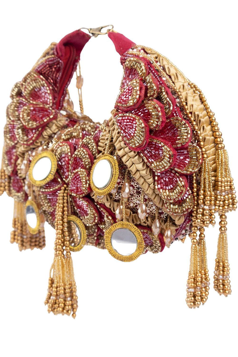 Red beaded floral mirror work clutch bag with handcrafted detailing and suede inner lining for wedding and festive wear