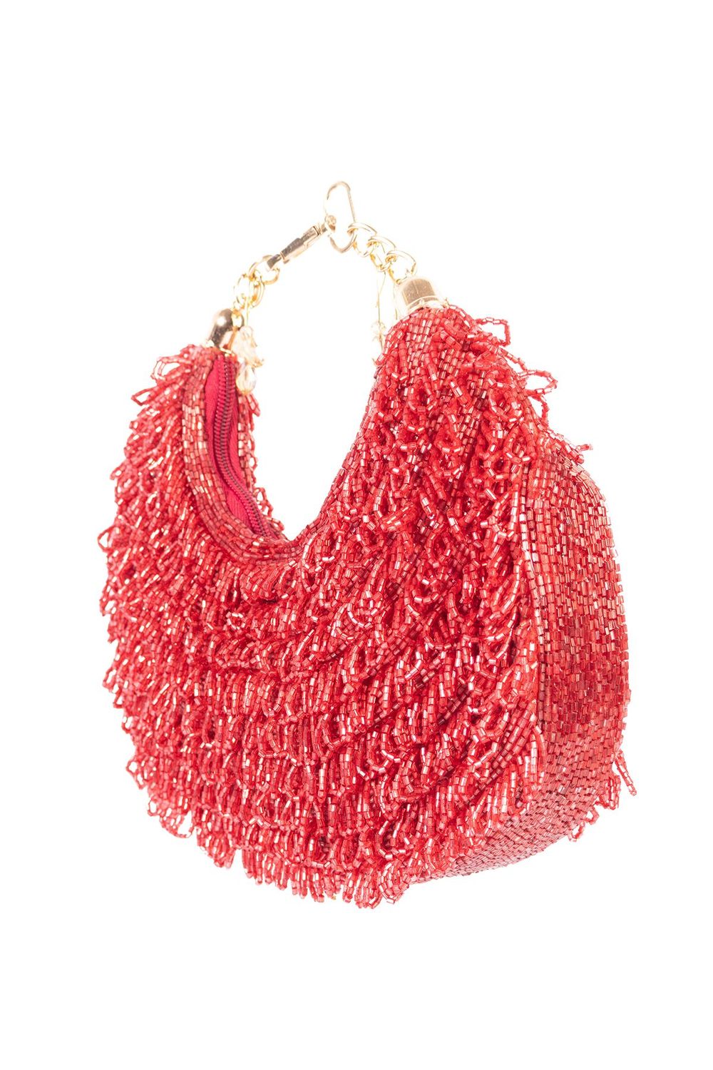 Red cut dana embellished clutch bag with handcrafted detailing for wedding, bridal and festive party wear