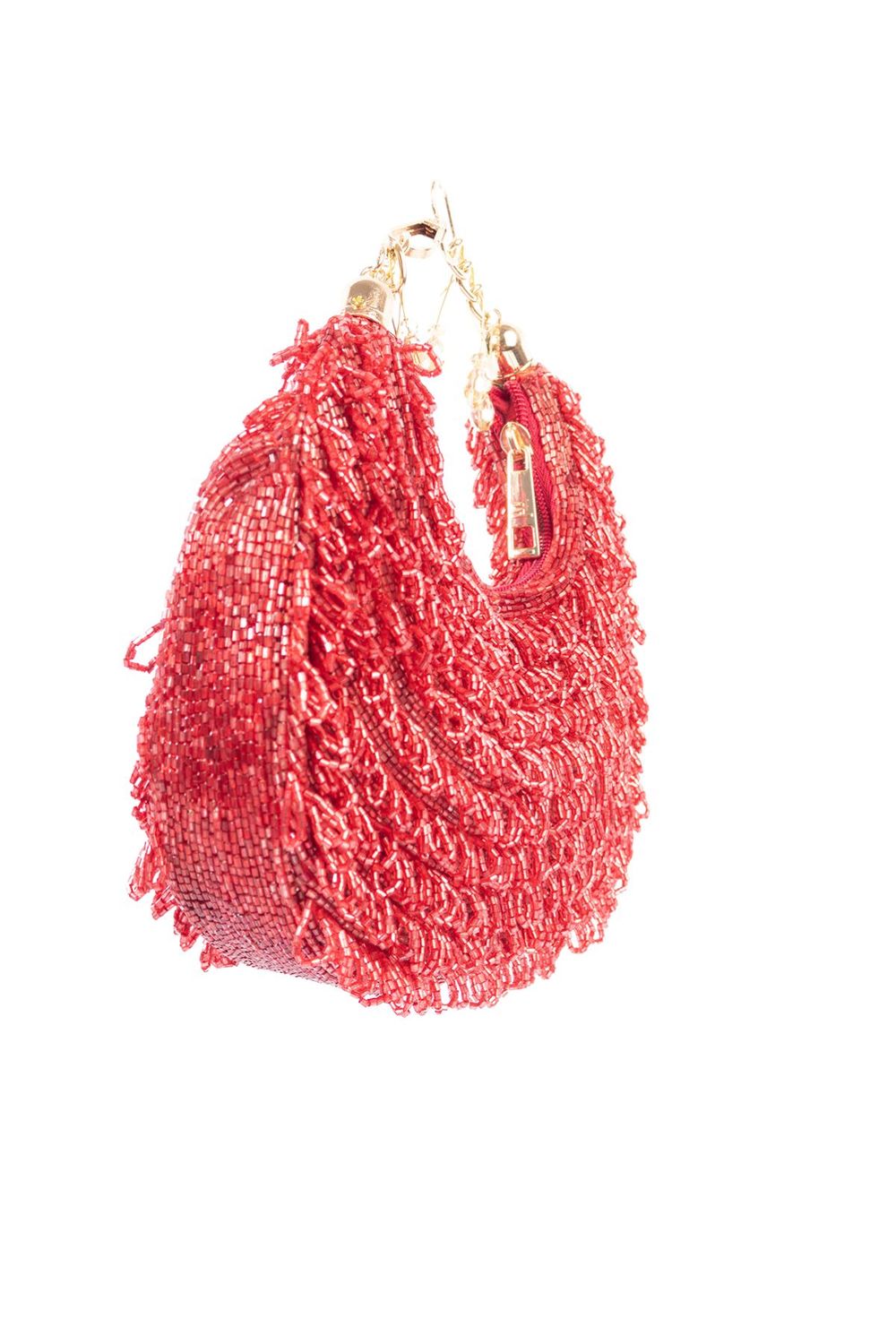 Red cut dana embellished clutch bag with handcrafted detailing for wedding, bridal and festive party wear