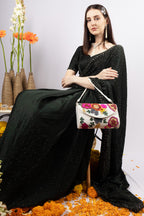 White handcrafted clutch bag with floral cut dana beadwork pearl handle suede lining and inner pocket for wedding and festive occasions