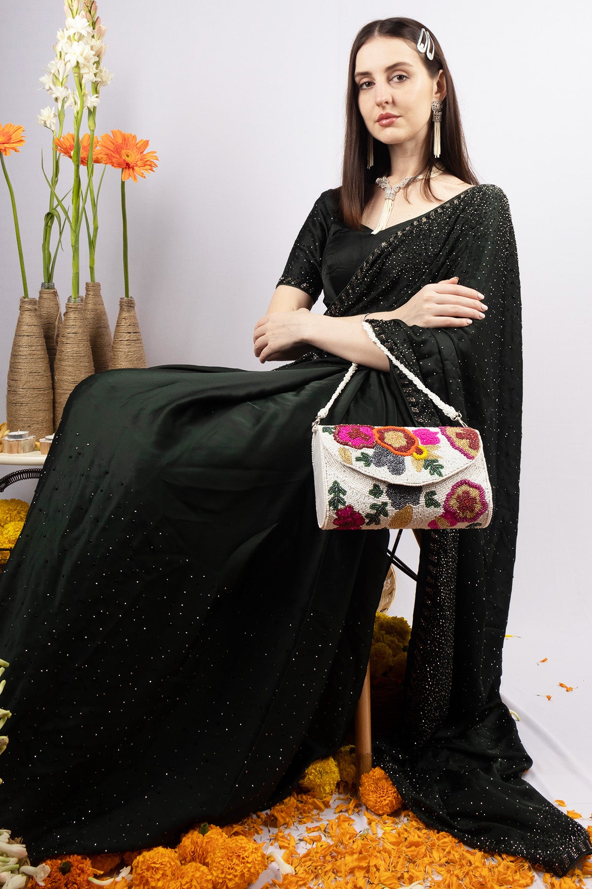 White handcrafted clutch bag with floral cut dana beadwork pearl handle suede lining and inner pocket for wedding and festive occasions