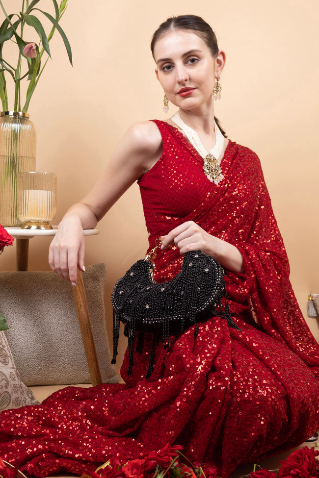 Black pearl and diamond embellished designer clutch for wedding and party wear Hover Image