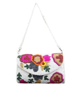 White handcrafted clutch bag with floral cut dana beadwork pearl handle suede lining and inner pocket for wedding and festive occasions