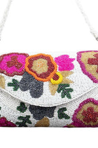 White handcrafted clutch bag with floral cut dana beadwork pearl handle suede lining and inner pocket for wedding and festive occasions