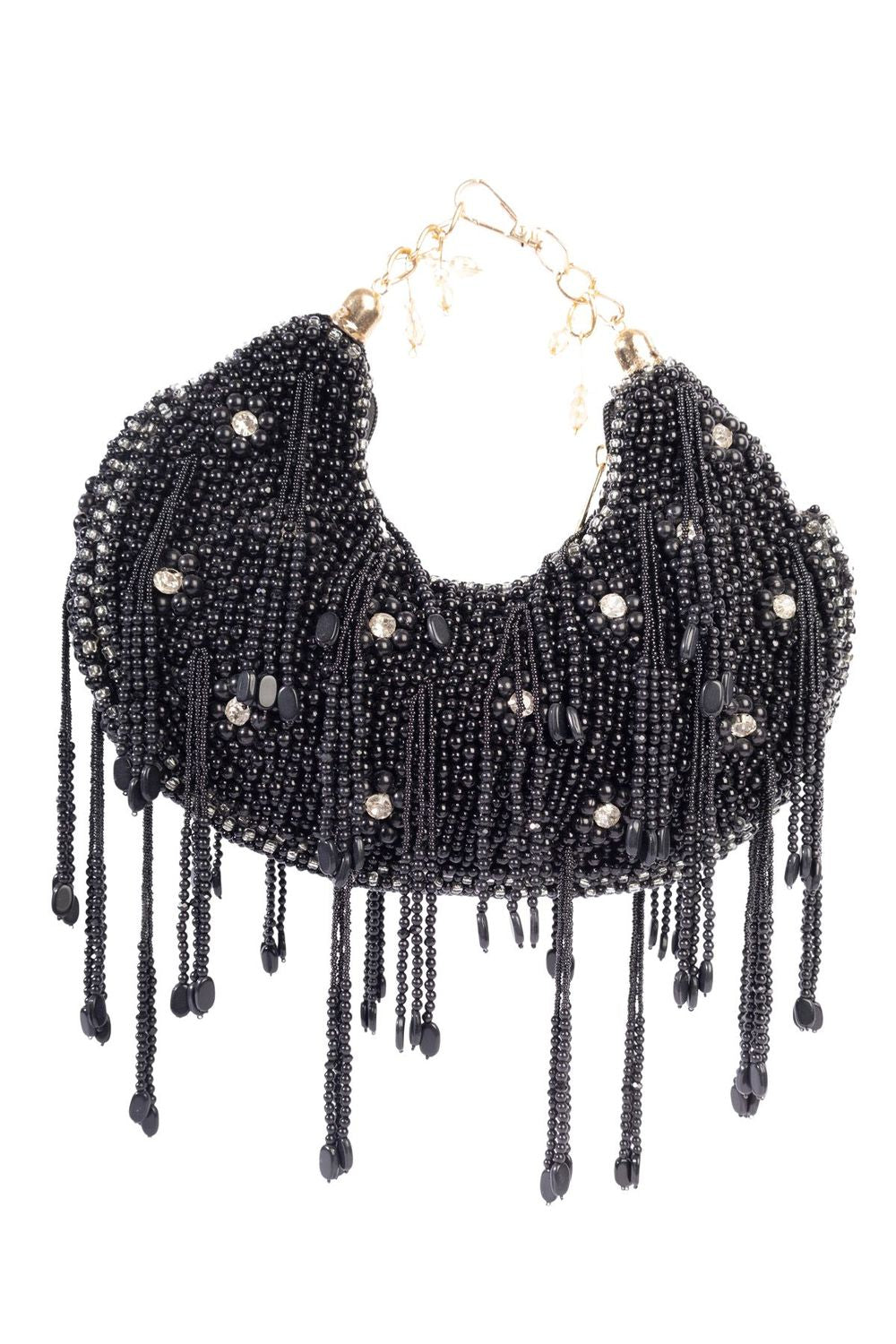 Black pearl and diamond embellished designer clutch for wedding and party wear