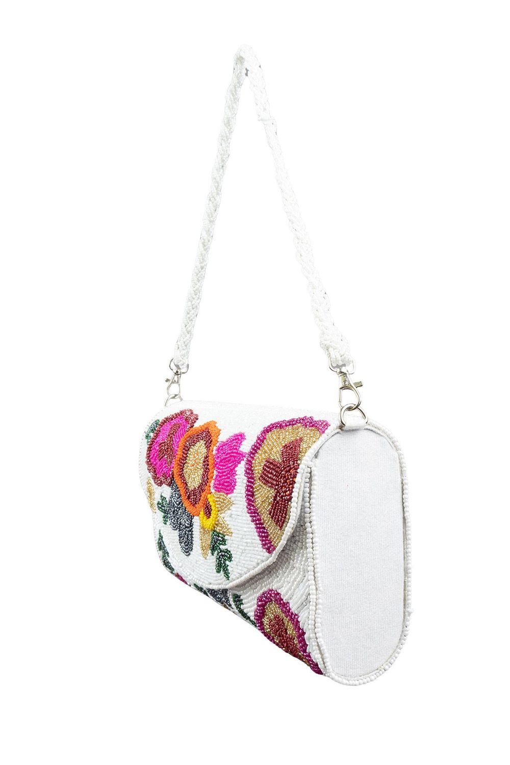 White handcrafted clutch bag with floral cut dana beadwork pearl handle suede lining and inner pocket for wedding and festive occasions