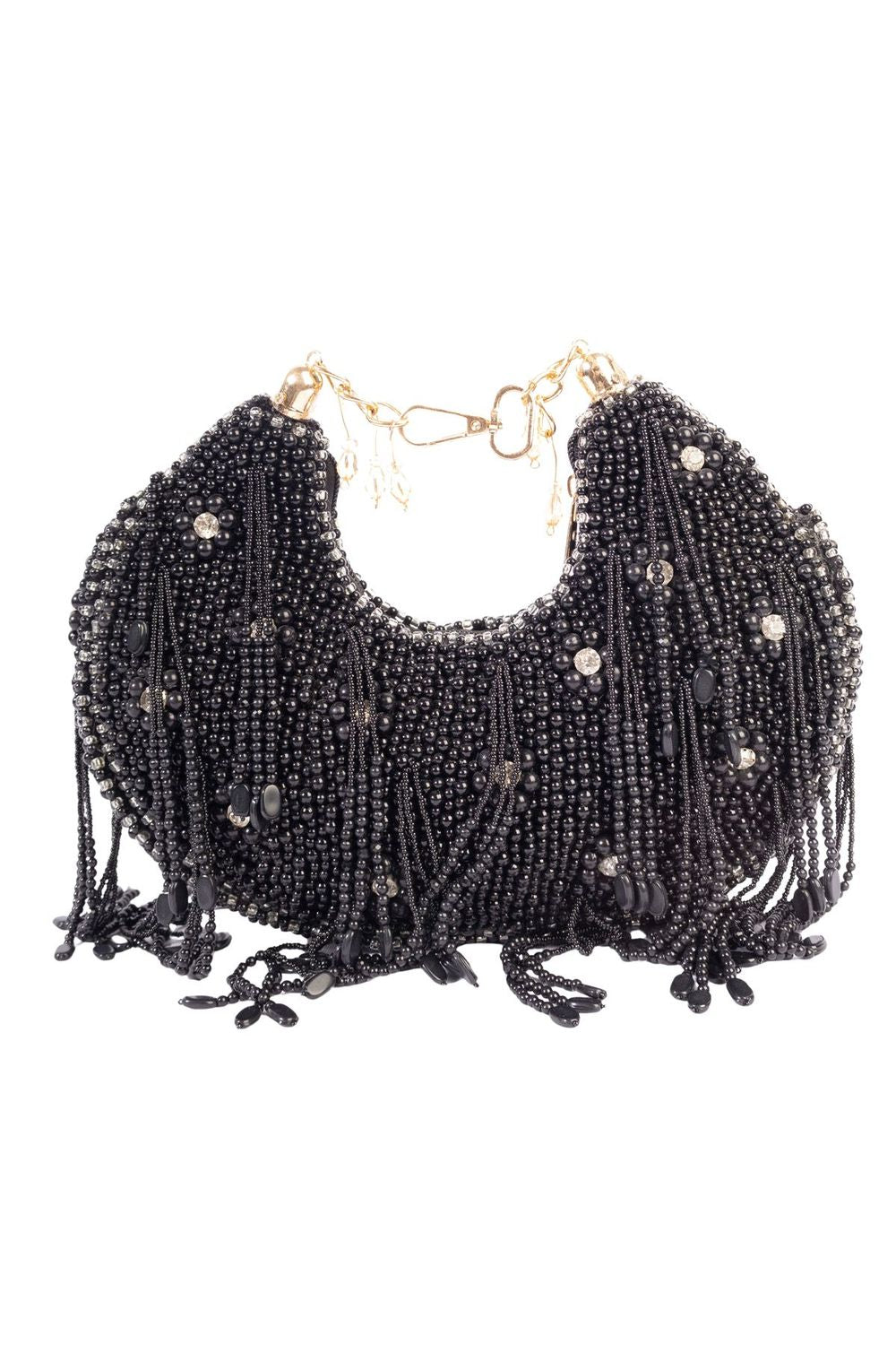 Black pearl and diamond embellished designer clutch for wedding and party wear
