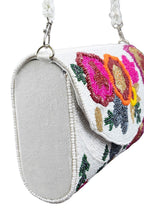 White handcrafted clutch bag with floral cut dana beadwork pearl handle suede lining and inner pocket for wedding and festive occasions