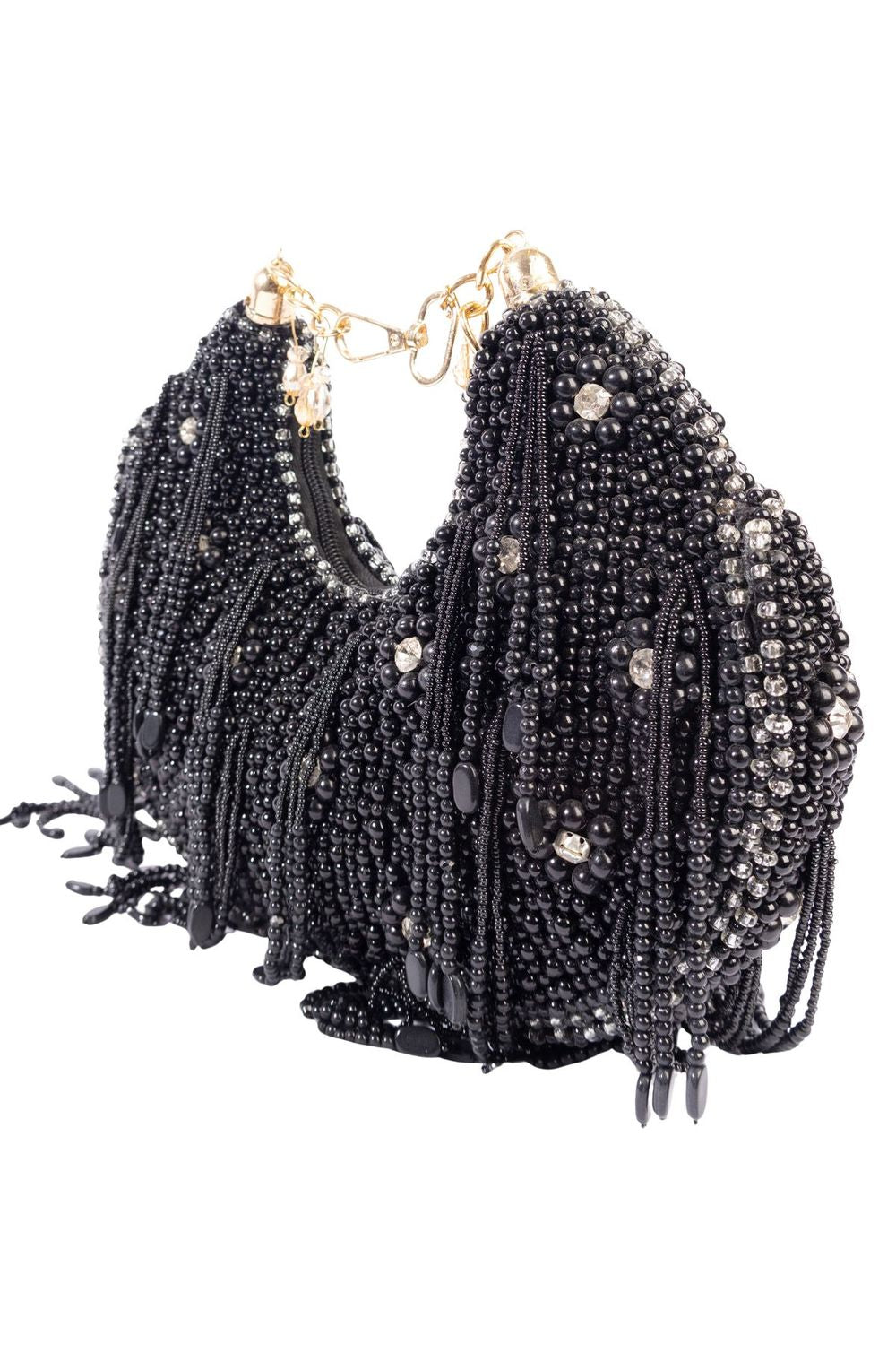 Black pearl and diamond embellished designer clutch for wedding and party wear