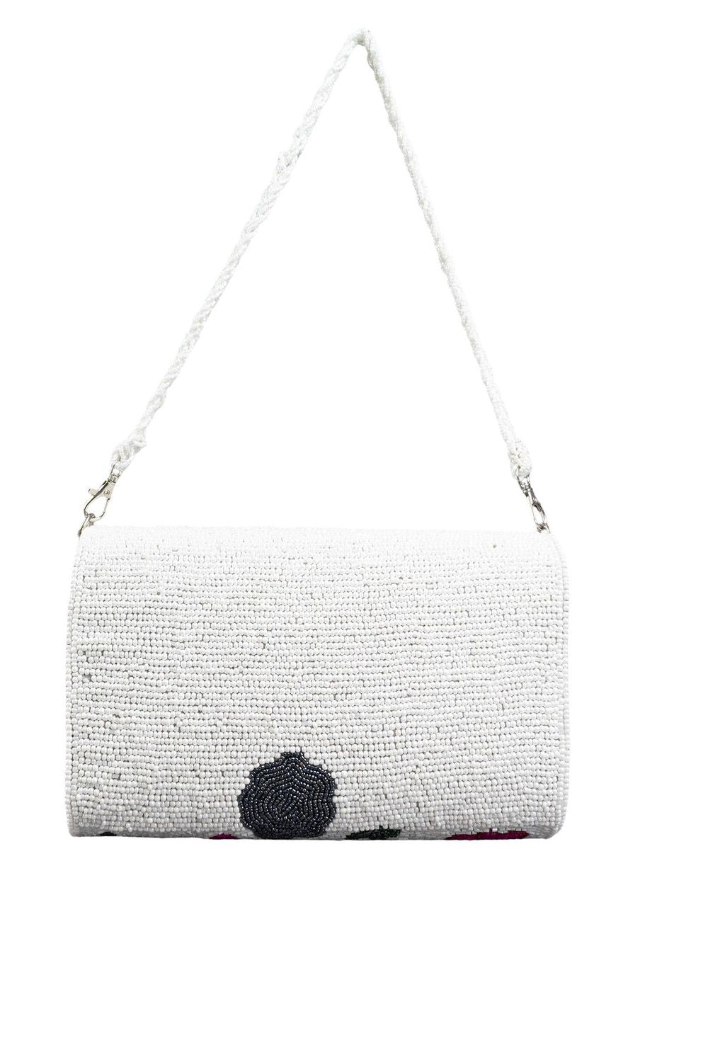 White handcrafted clutch bag with floral cut dana beadwork pearl handle suede lining and inner pocket for wedding and festive occasions