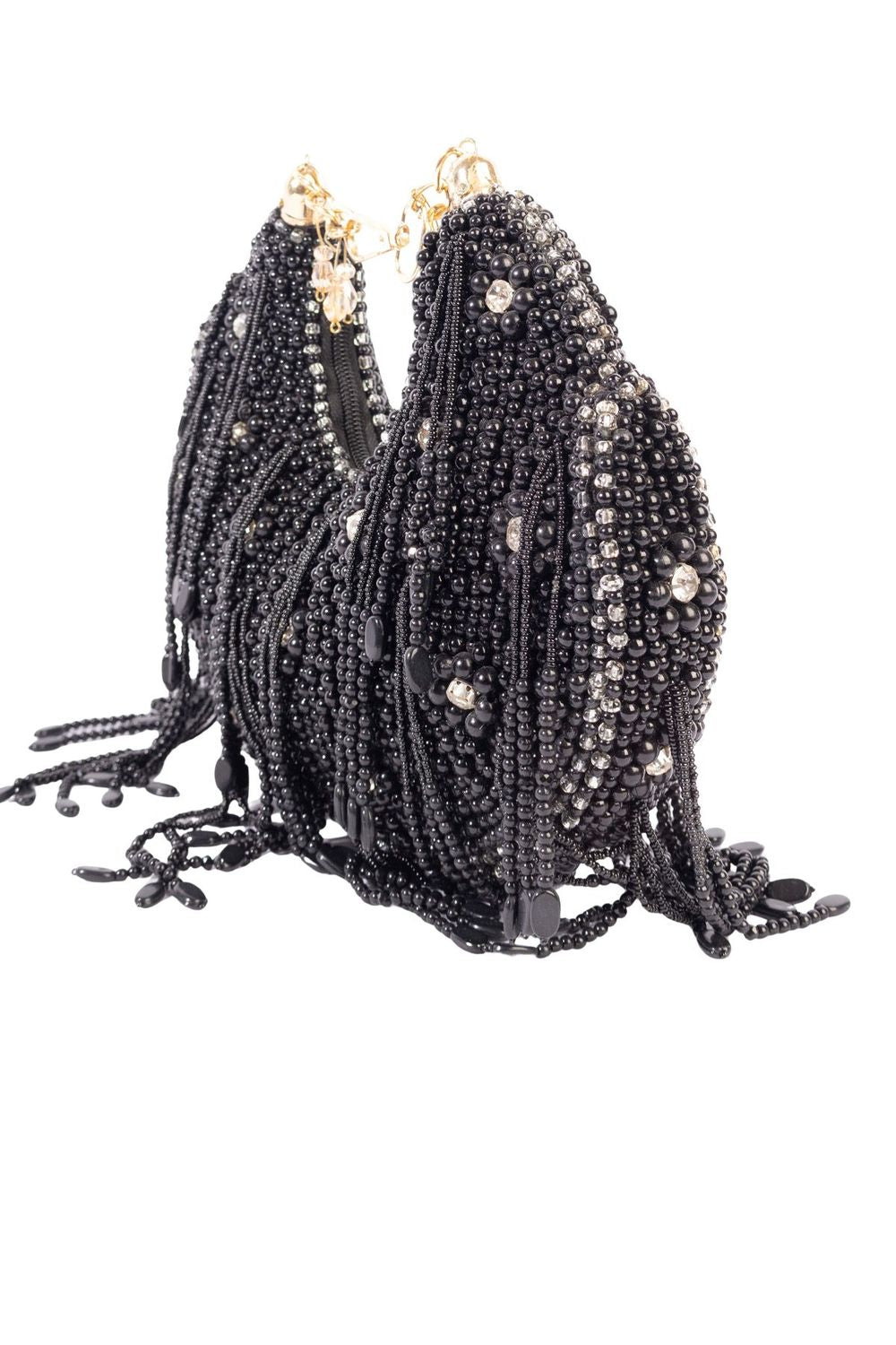 Black pearl and diamond embellished designer clutch for wedding and party wear