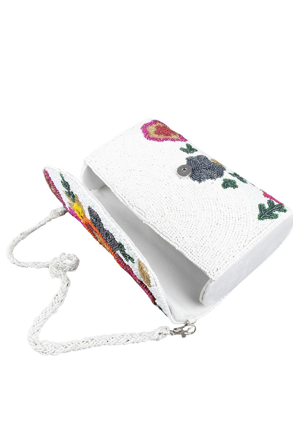 White handcrafted clutch bag with floral cut dana beadwork pearl handle suede lining and inner pocket for wedding and festive occasions