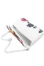White handcrafted clutch bag with floral cut dana beadwork pearl handle suede lining and inner pocket for wedding and festive occasions