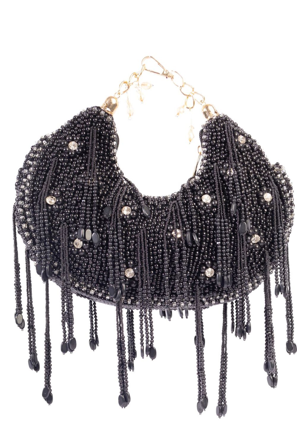 Black pearl and diamond embellished designer clutch for wedding and party wear