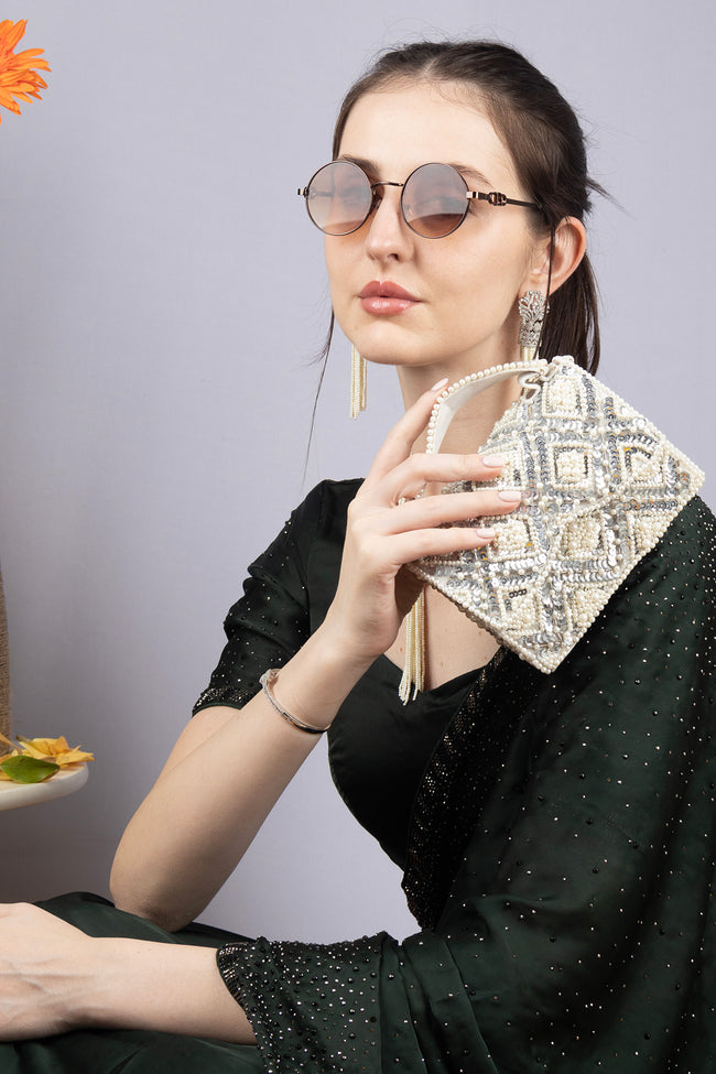 Silver Pearl & Sequin Handcrafted Box Clutch Bag Hover Image