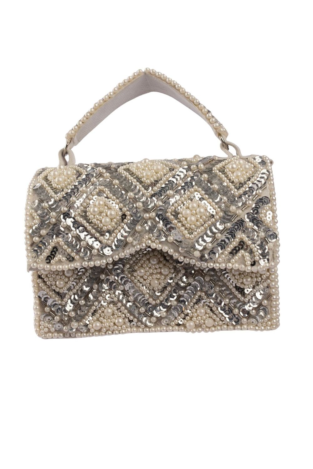 Handcrafted clutch with pearl and sequin geometric embellishment structured design short handle and detachable shoulder chain for wedding and festive wear