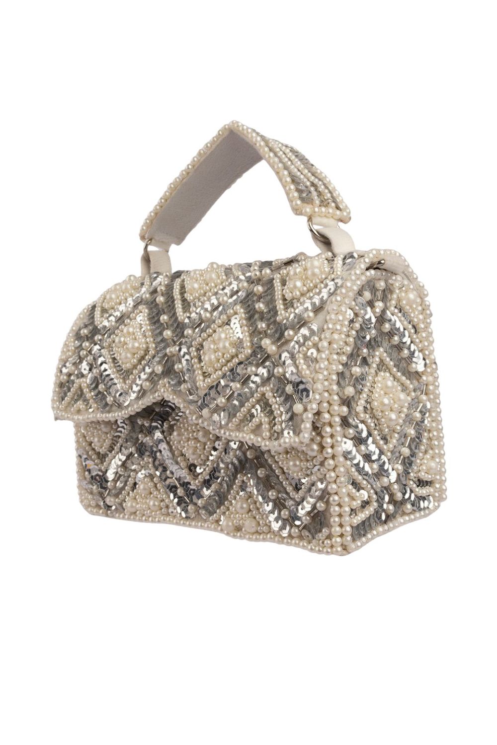 Handcrafted clutch with pearl and sequin geometric embellishment structured design short handle and detachable shoulder chain for wedding and festive wear