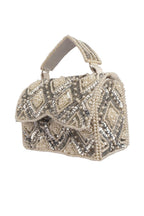 Handcrafted clutch with pearl and sequin geometric embellishment structured design short handle and detachable shoulder chain for wedding and festive wear