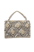 Handcrafted clutch with pearl and sequin geometric embellishment structured design short handle and detachable shoulder chain for wedding and festive wear
