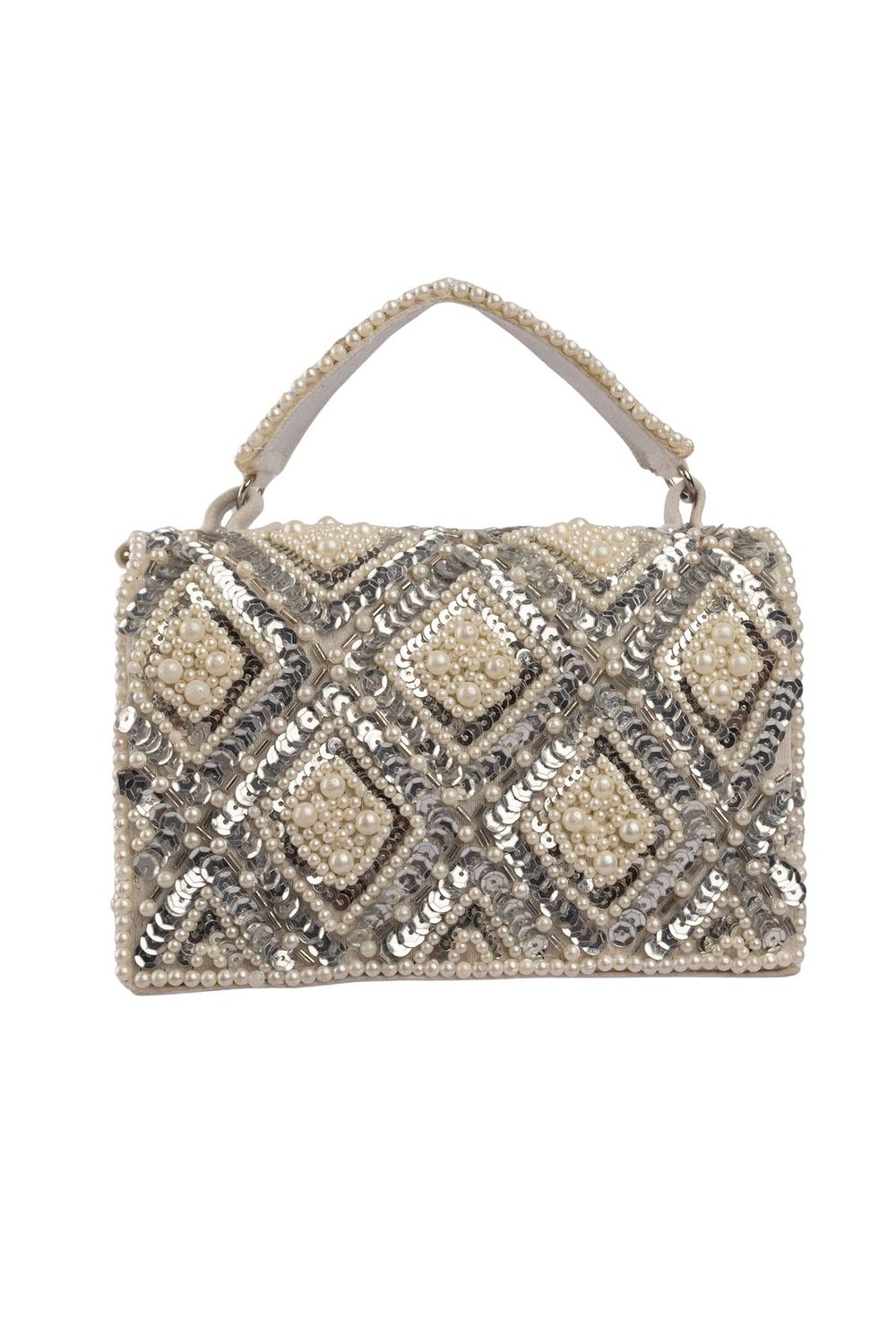 Handcrafted clutch with pearl and sequin geometric embellishment structured design short handle and detachable shoulder chain for wedding and festive wear