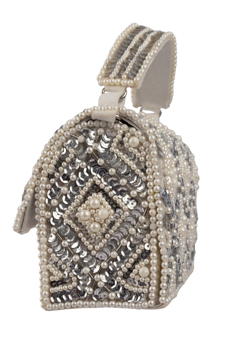Handcrafted clutch with pearl and sequin geometric embellishment structured design short handle and detachable shoulder chain for wedding and festive wear