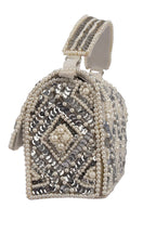 Handcrafted clutch with pearl and sequin geometric embellishment structured design short handle and detachable shoulder chain for wedding and festive wear