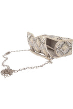 Handcrafted clutch with pearl and sequin geometric embellishment structured design short handle and detachable shoulder chain for wedding and festive wear