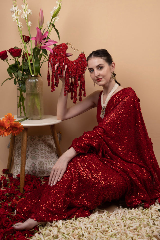 Eeth Red Pearl & Diamond Embellished Designer Clutch Main Image