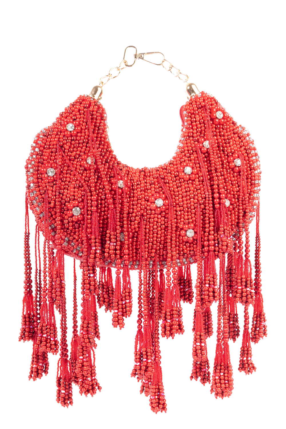 Red pearl and diamond embellished designer clutch for wedding and party wear