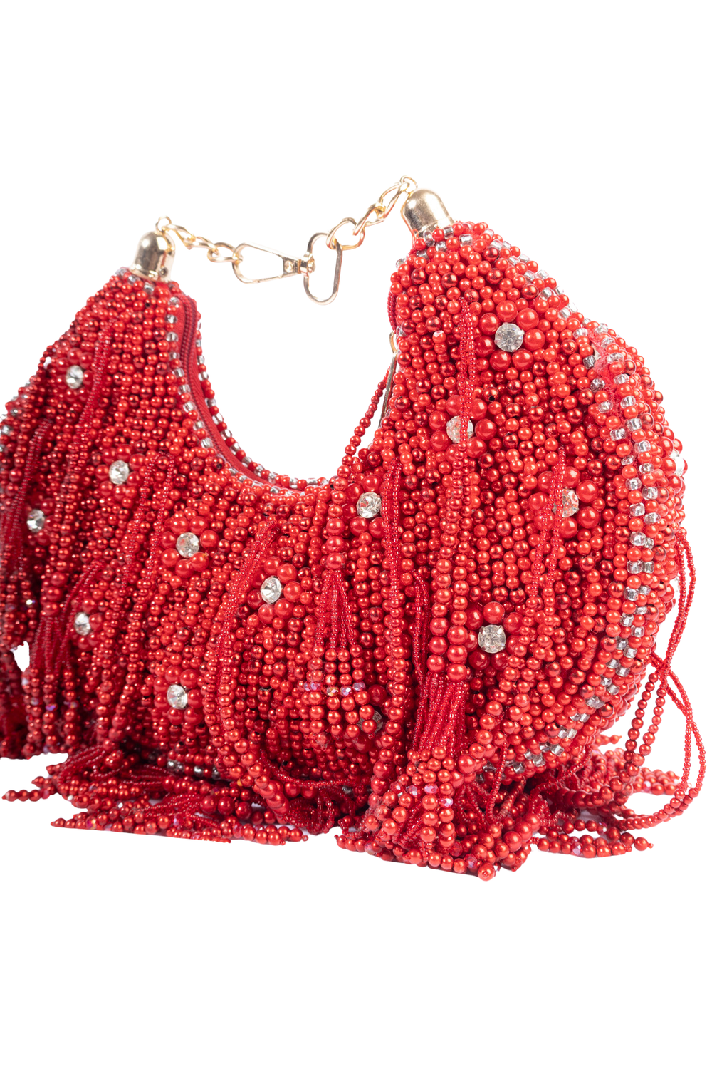 Red pearl and diamond embellished designer clutch for wedding and party wear