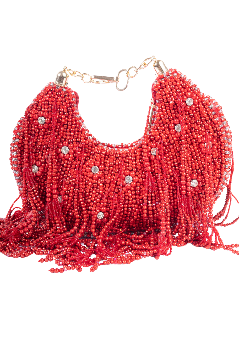 Red pearl and diamond embellished designer clutch for wedding and party wear