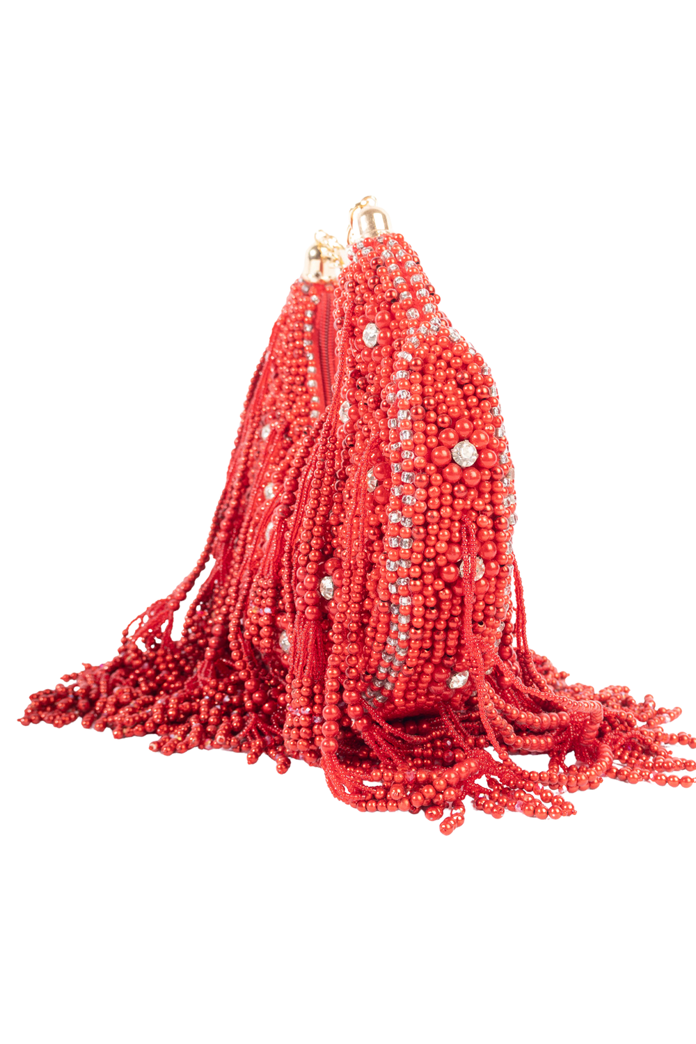 Red pearl and diamond embellished designer clutch for wedding and party wear