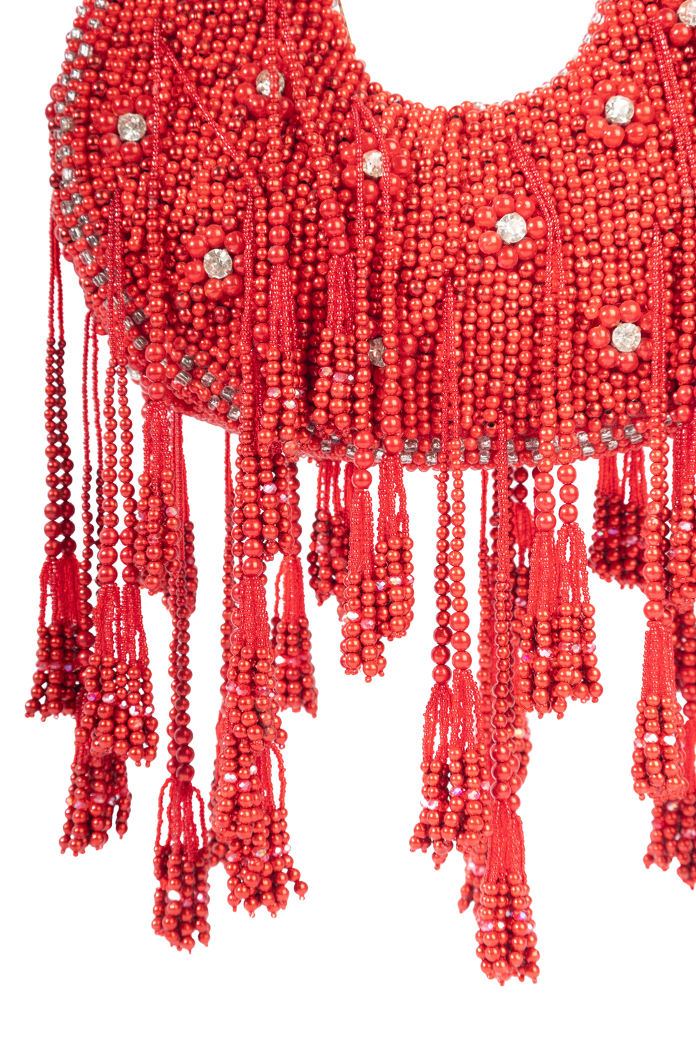 Red pearl and diamond embellished designer clutch for wedding and party wear