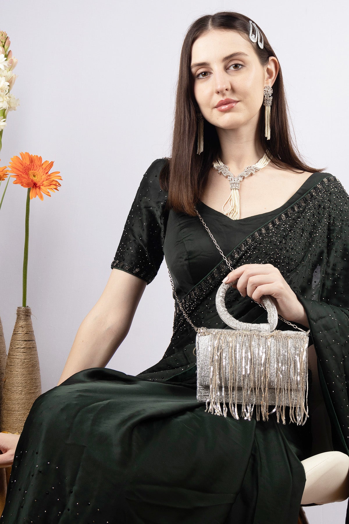 Silver sequin fringe clutch bag with ring handle detachable chain inner pocket and polyester lining for party and festive wear