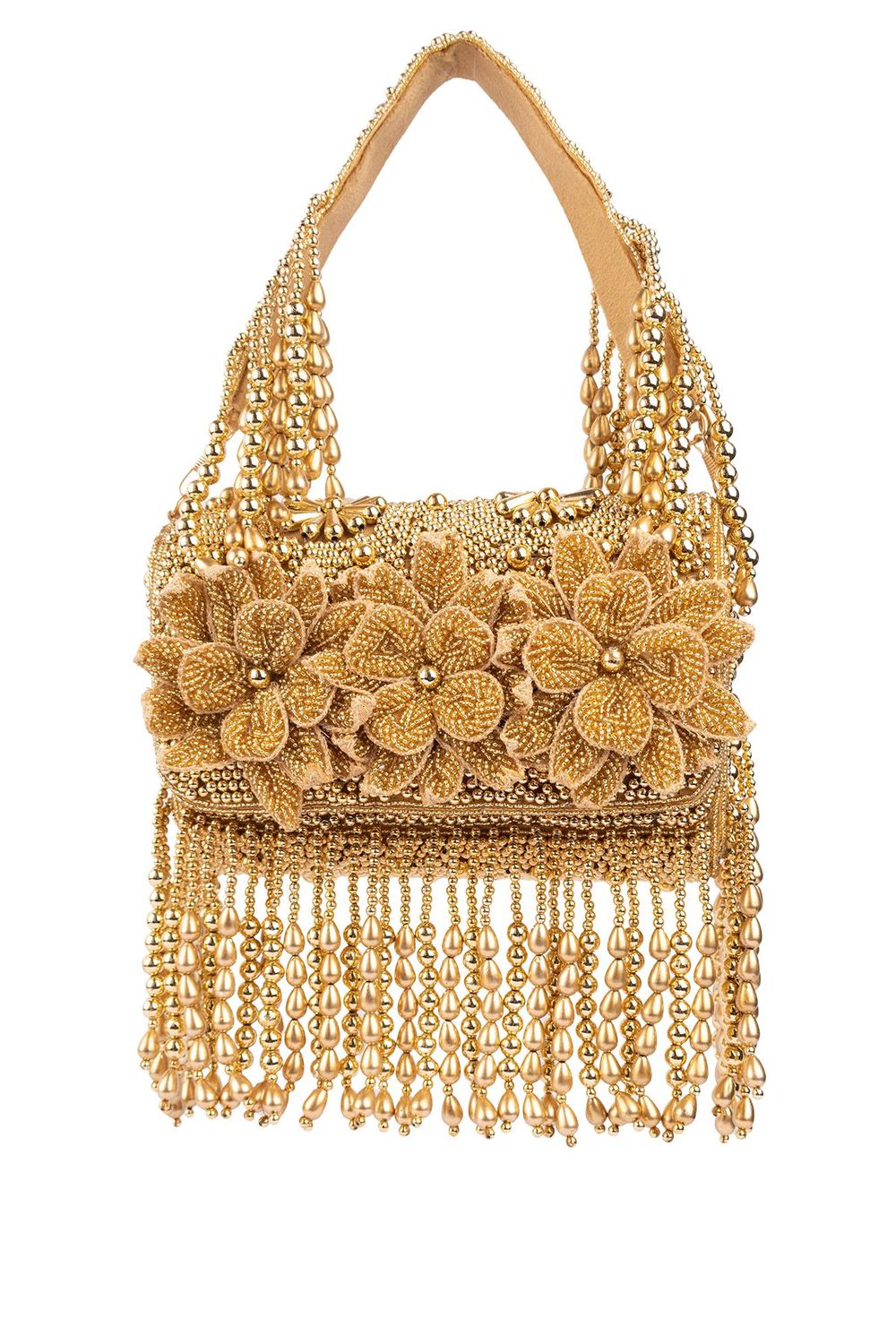 Gold handcrafted evening handbag with Cut Dana floral embroidery, pearl and bead detailing with tassels for wedding and festive wear