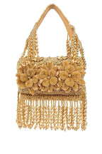 Gold handcrafted evening handbag with Cut Dana floral embroidery, pearl and bead detailing with tassels for wedding and festive wear