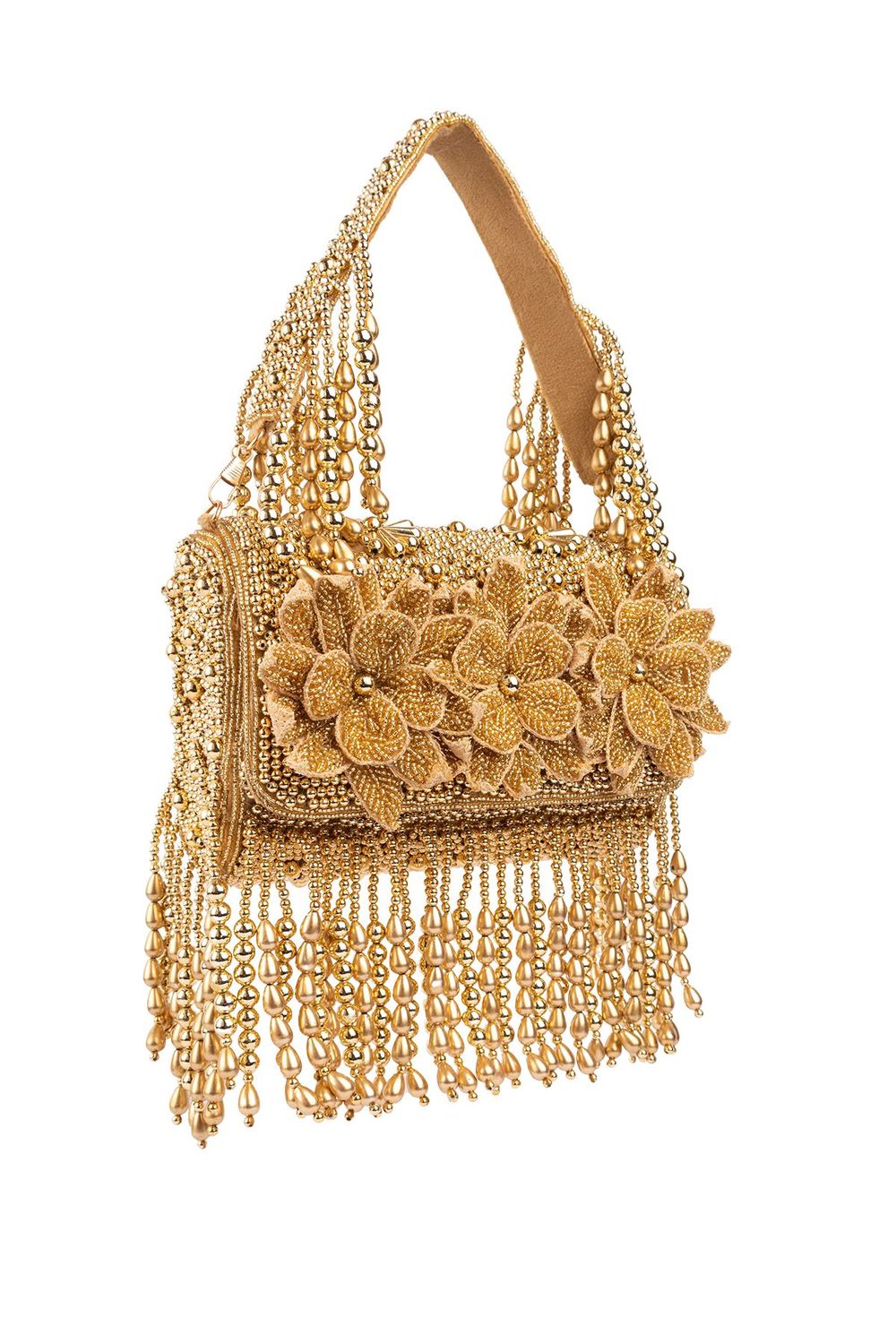 Gold handcrafted evening handbag with Cut Dana floral embroidery, pearl and bead detailing with tassels for wedding and festive wear